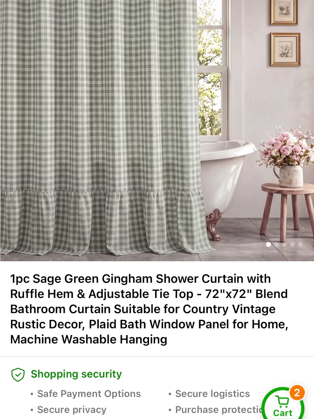 Sage Green Gingham Shower Curtain with Ruffle Hem